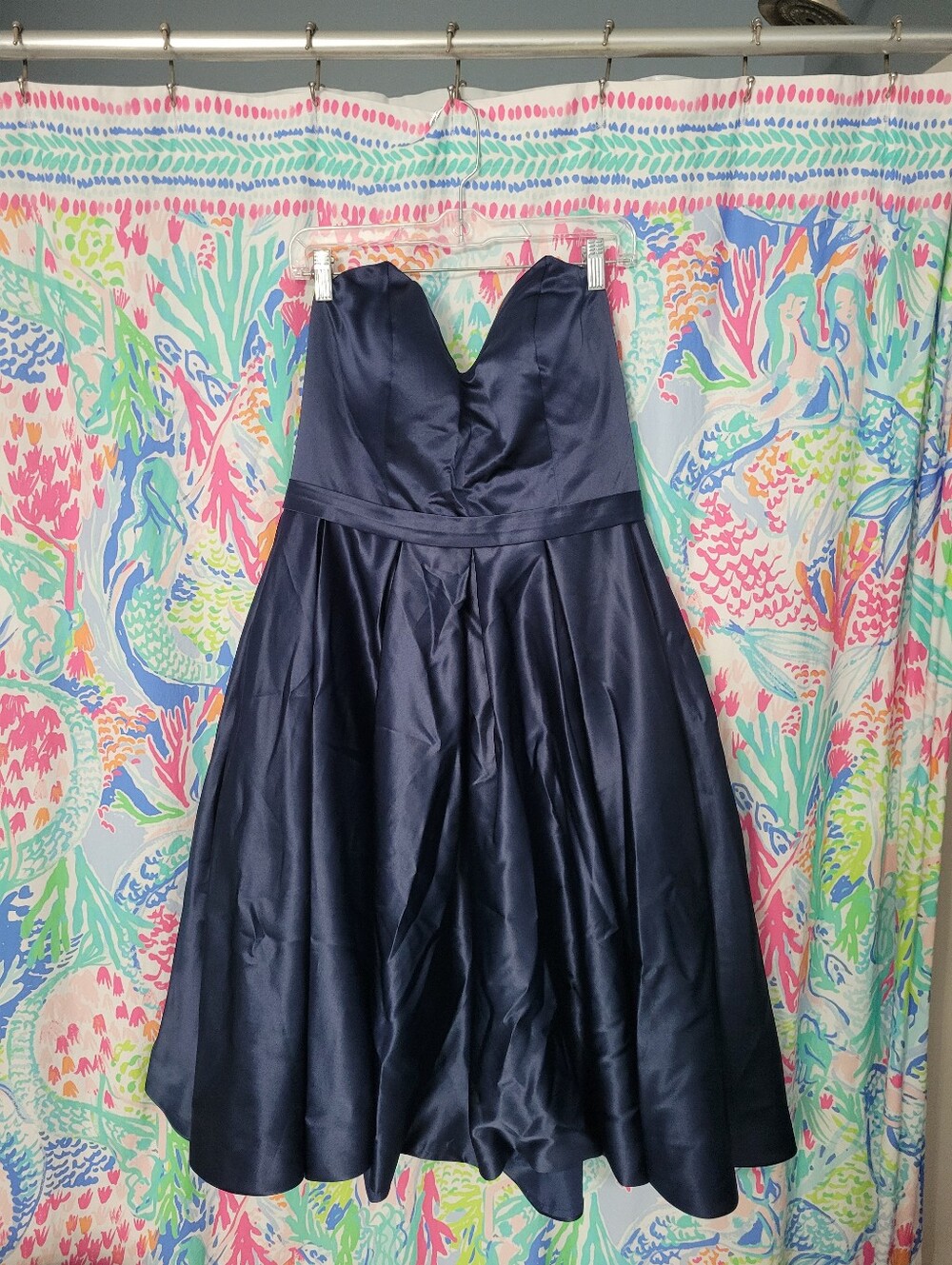 Navy Strapless Satin Fit-and-Flare Dress Womens 16